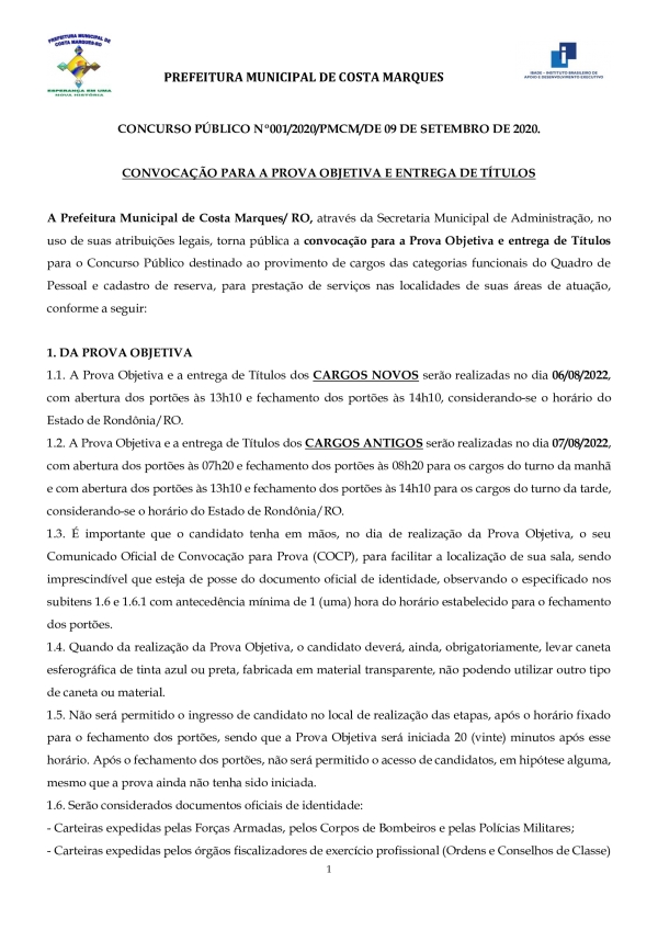 CONVOCAÇÃO PARA A PROVA OBJETIVA E ENTREGA DE TÍTULOS