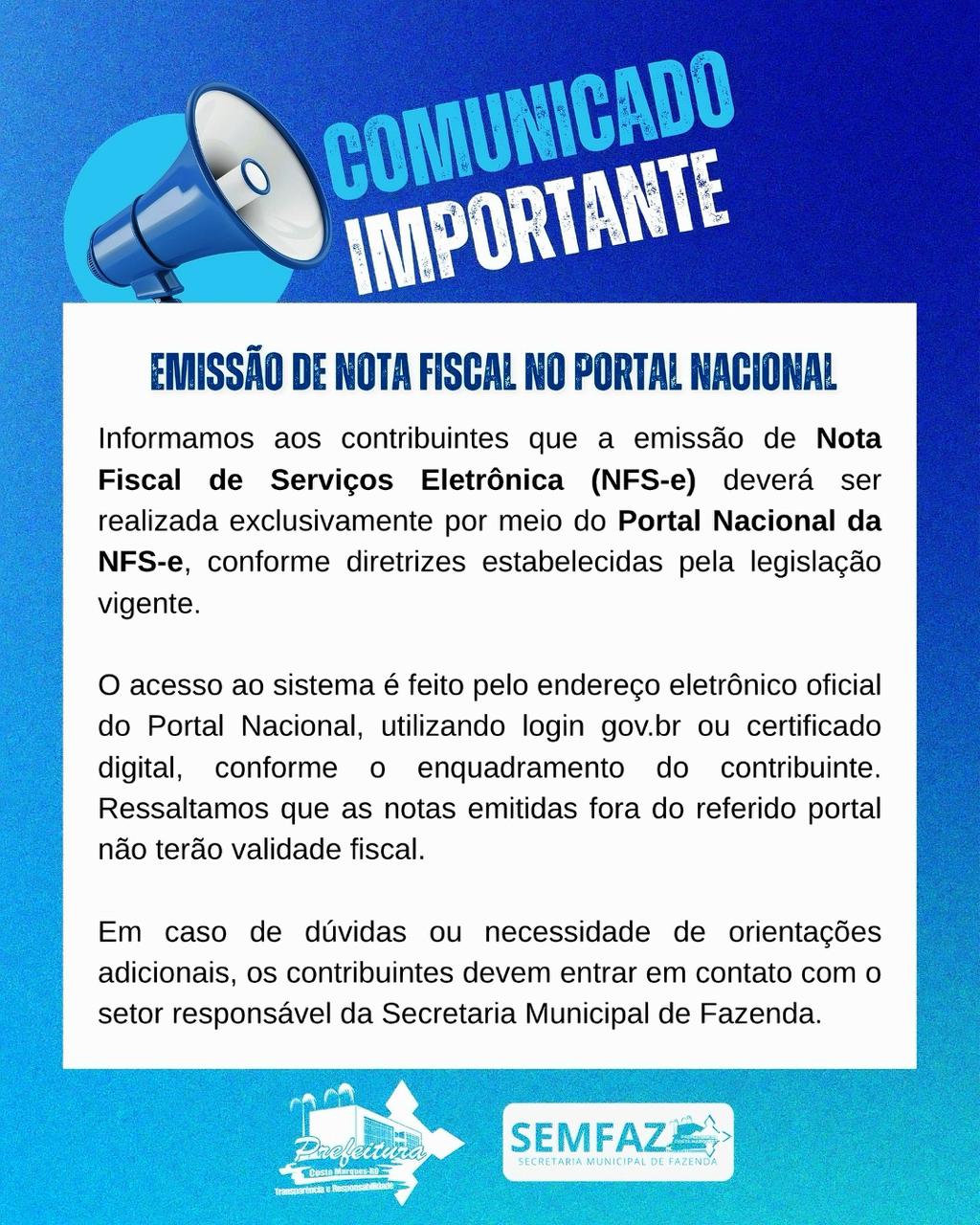 Imagem Comunicado Importante Sobre Emissão de Nota Fiscal no Portal Nacional